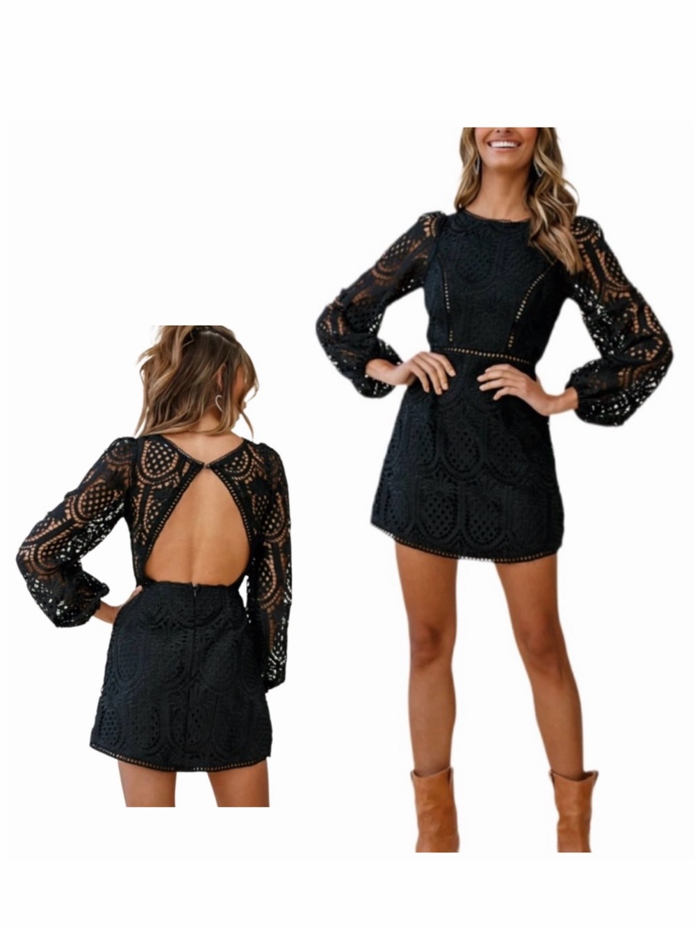 Saints & Secrets Black Pineapple Crochet Overlay Balloon Sleeve Mini Dress XS